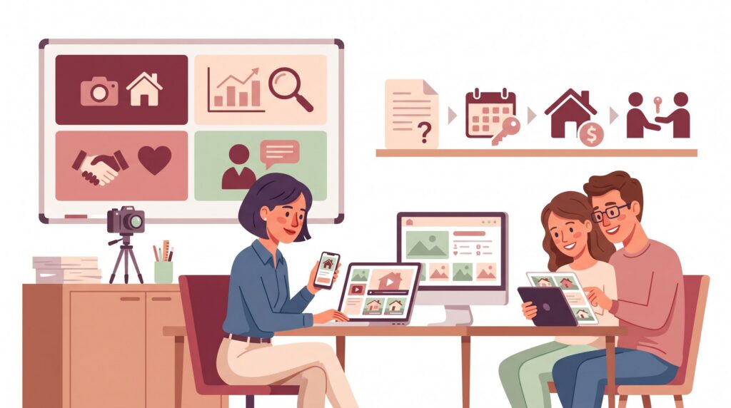 Freundliche semi-flache Illustration eines Immobilienmaklers im Büro bei der Planung einer Social-Media-Strategie mit Laptop, Smartphone und einem Paar als Interessenten.