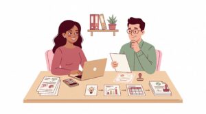 Illustration eines Gründers mit Businessplan und fachkundiger Prüfung am Schreibtisch