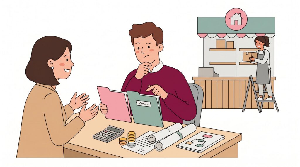 Illustration eines Gründers, der mit einer Beraterin Franchise-Unterlagen, Kosten und Vertrag prüft, während im Hintergrund ein Laden vorbereitet wird