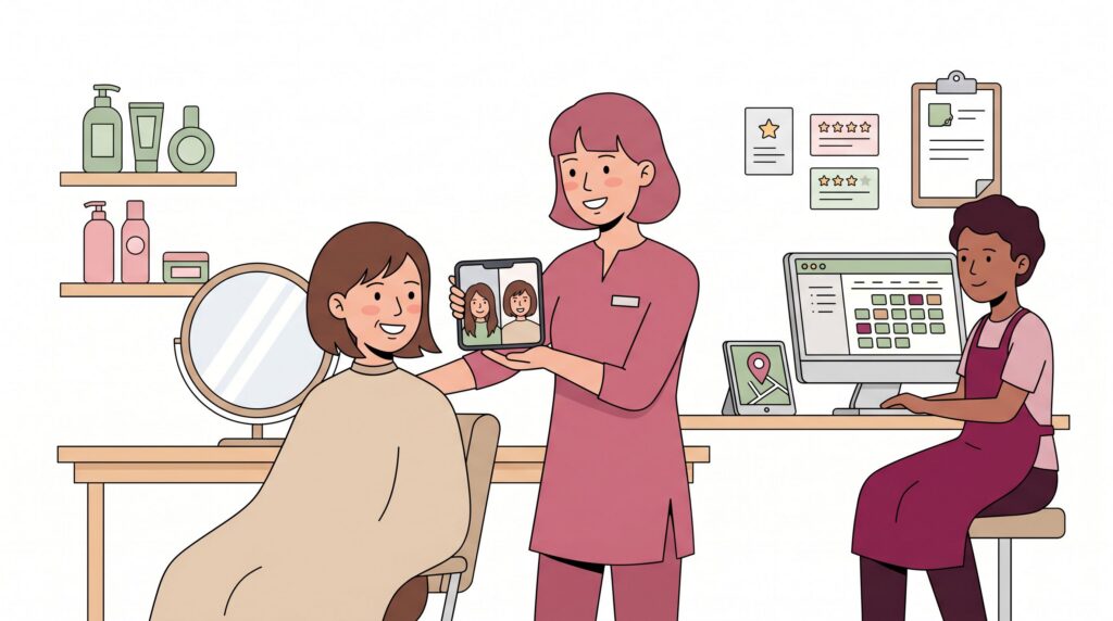 Illustration eines Friseursalons mit Hairstylistin, Kundin, Smartphone mit Vorher-Nachher-Ergebnis, Desktop-Buchungskalender und lokalem Unternehmensprofil.