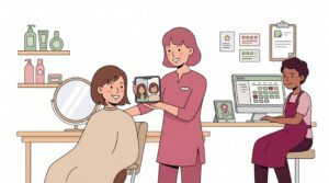 Illustration eines Friseursalons mit Hairstylistin, Kundin, Smartphone mit Vorher-Nachher-Ergebnis, Desktop-Buchungskalender und lokalem Unternehmensprofil.