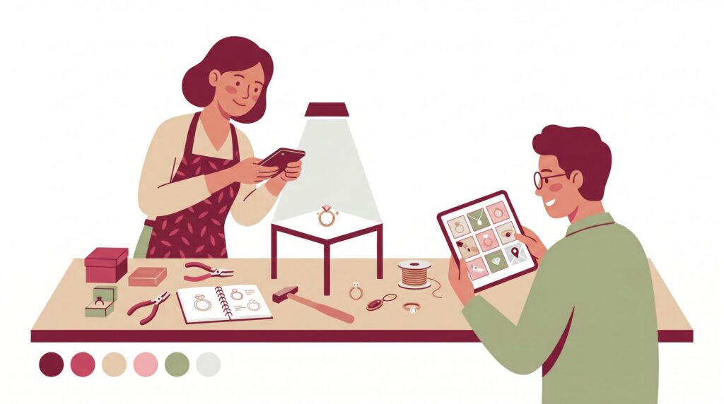 Illustration einer Goldschmiedin im Atelier, die einen Ring mit dem Smartphone fotografiert, während eine zweite Person ein Tablet mit Social-Media-Profil und lokaler Kartenansicht betrachtet.