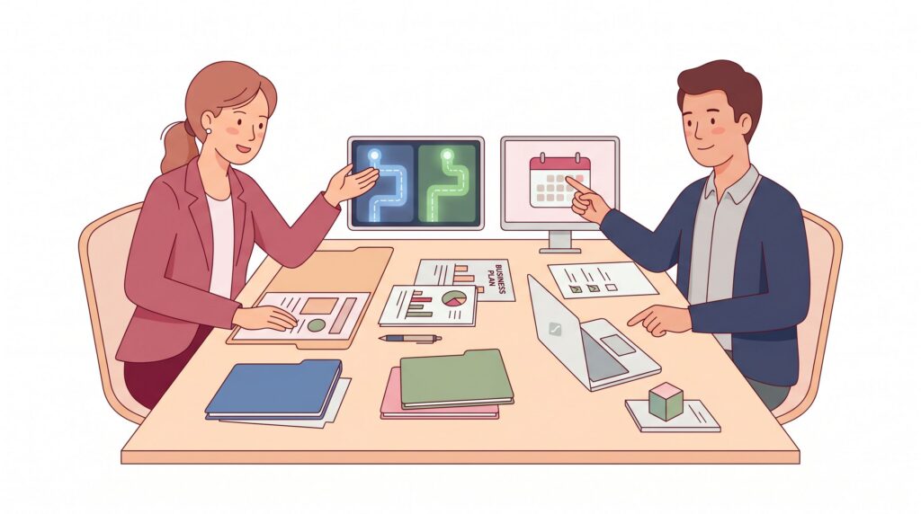 Illustration einer Gründungsberatung mit angehender Gründerin, Berater, Unterlagen und Entscheidung zwischen Förderwegen