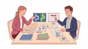Illustration einer Gründungsberatung mit angehender Gründerin, Berater, Unterlagen und Entscheidung zwischen Förderwegen