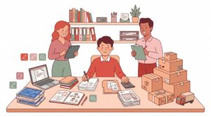 Illustration einer selbstständigen Person am Schreibtisch zwischen freiberuflicher Facharbeit und gewerblichen Waren mit Unterlagen, Belegen und unterstützenden Fachpersonen.