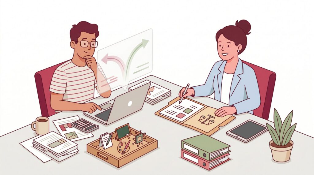Illustration einer selbstständigen Person im Beratungsgespräch zur Einordnung als freiberufliche Tätigkeit oder Gewerbe.