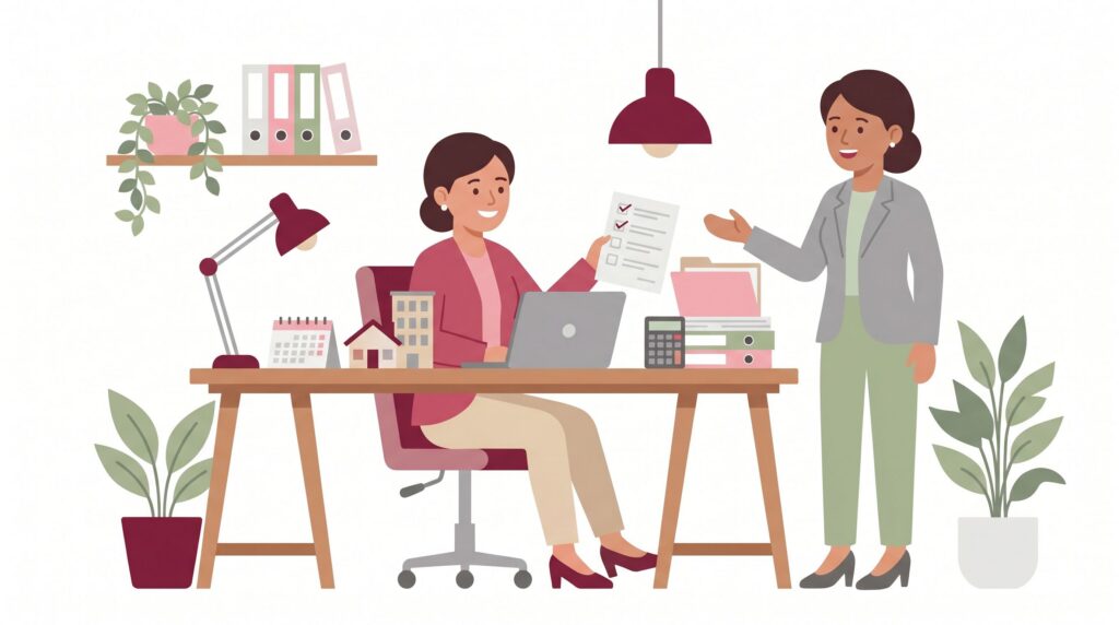 Semi-flache Illustration eines selbstständigen Immobilienmaklers am Schreibtisch mit Unterlagen, Laptop, Hausmodell und Kundengespräch