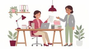 Semi-flache Illustration eines selbstständigen Immobilienmaklers am Schreibtisch mit Unterlagen, Laptop, Hausmodell und Kundengespräch