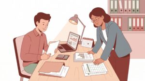 Illustration eines Gründers am Schreibtisch mit Businessplan, Finanzunterlagen und Beraterin einer fachkundigen Stelle
