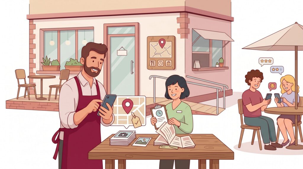 Illustration eines Restaurantinhabers und einer Mitarbeiterin, die ein Google-Unternehmensprofil für ein Restaurant pflegen.