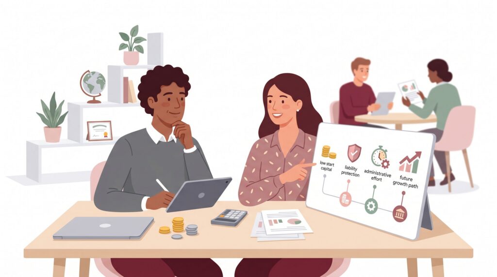 Illustration eines Gründers mit Beraterin am Schreibtisch beim Vergleich von Rechtsform-Optionen für eine UG-Gründung