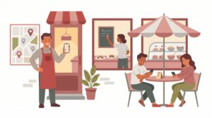 Illustration eines Restaurantbesitzers vor seinem Lokal, der mit dem Smartphone den Google Maps Eintrag verwaltet, während im Hintergrund Öffnungszeiten gepflegt und Gäste betreut werden.