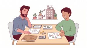 Illustration einer Gründungssituation zur UG mit Gründer, Berater, Unterlagen, Rechner und Budgetplanung am Tisch