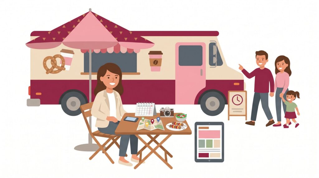 Cheerful food truck owner in Germany planning a social media strategy beside a food truck at a local city square with smartphone, weekly plan, route map, camera, plated street food, tablet and approaching customers.