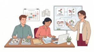 Zwei GbR-Partner prüfen gemeinsam Finanzunterlagen mit einer Steuerberaterin; Thema Gewinnverteilung, Umsatzsteuer, Fristen und Verantwortung.