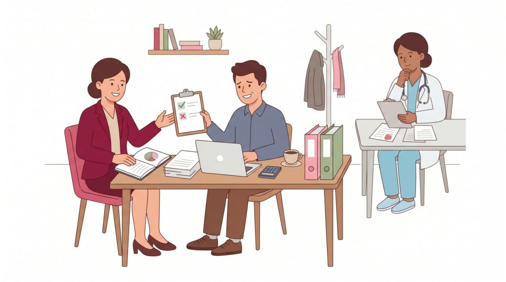 Illustration eines Freiberuflers im Homeoffice beim Vergleich einer Berufsunfähigkeitsversicherung mit Beraterin und Ärztin