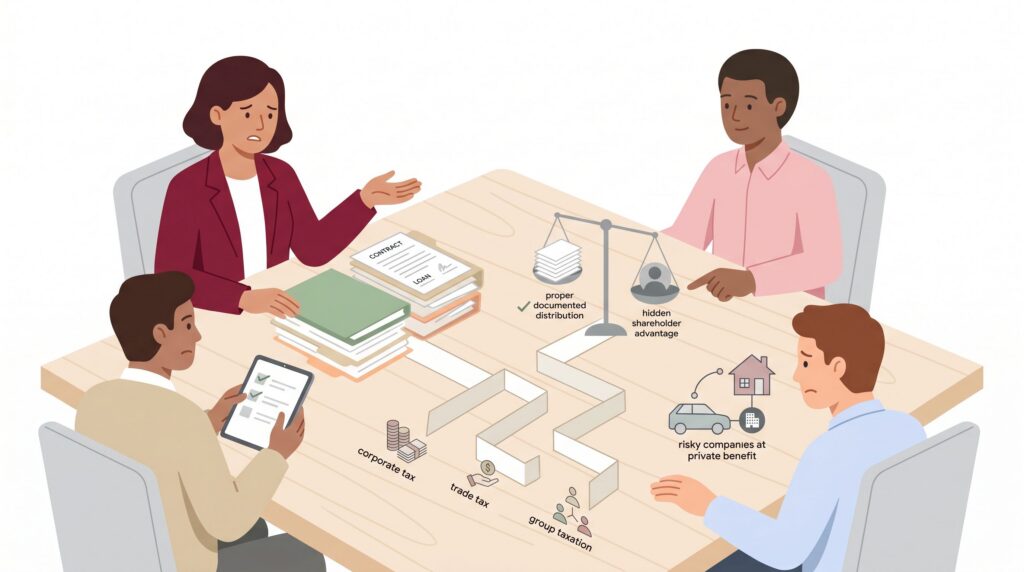 Illustration einer Vorstandssitzung zur steuerlichen Prüfung einer Aktiengesellschaft mit Verträgen, Unterlagen, Checkliste und Abwägung zwischen offener Ausschüttung und verdecktem Vorteil.
