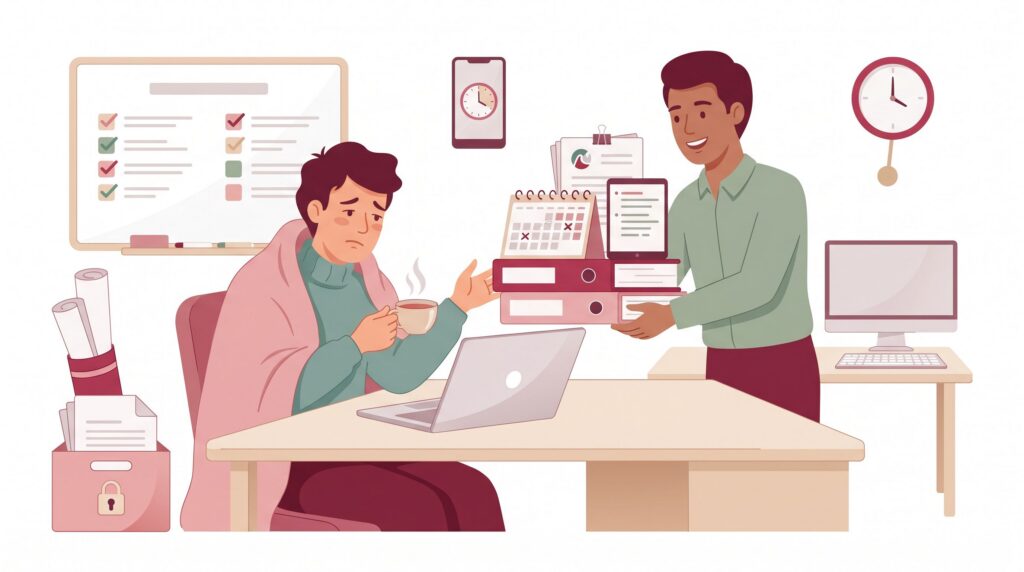 Illustration einer kranken selbstständigen Person im Homeoffice, die Unterlagen an eine Vertretung übergibt