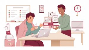 Illustration einer kranken selbstständigen Person im Homeoffice, die Unterlagen an eine Vertretung übergibt