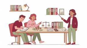 Illustration von OHG-Partnern und einer Steuerberaterin bei der Prüfung von Buchhaltung, Verträgen und Gewinnverteilung