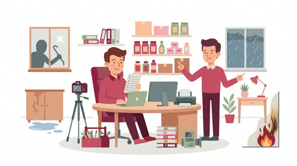 Illustration zur Geschäftsinhaltsversicherung für Selbstständige mit Betriebsinventar, Homeoffice-Elementen und typischen Schadenszenarien wie Einbruch, Wasser, Sturm und Feuer.