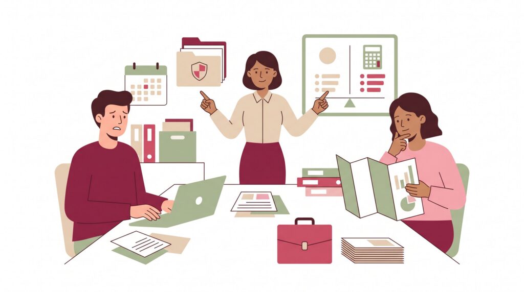Illustration eines Freelancers mit Laptop, eines Kunden mit Unterlagen und eines Versicherungsberaters in einer Büroszene zur Vermögensschadenhaftpflicht