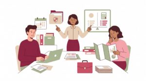Illustration eines Freelancers mit Laptop, eines Kunden mit Unterlagen und eines Versicherungsberaters in einer Büroszene zur Vermögensschadenhaftpflicht