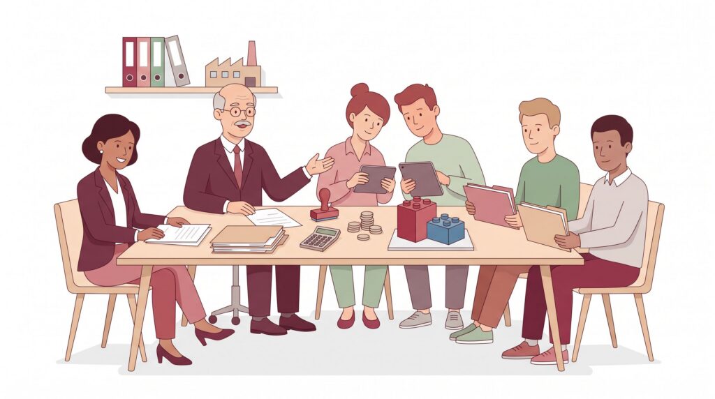 Illustration zur Gründung einer GmbH & Co. KG mit Gründungsteam, Berater, Unterlagen und zwei verbundenen Bausteinen als Symbol der Doppelstruktur
