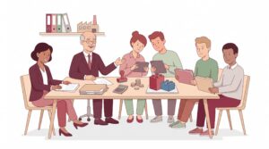 Illustration zur Gründung einer GmbH & Co. KG mit Gründungsteam, Berater, Unterlagen und zwei verbundenen Bausteinen als Symbol der Doppelstruktur
