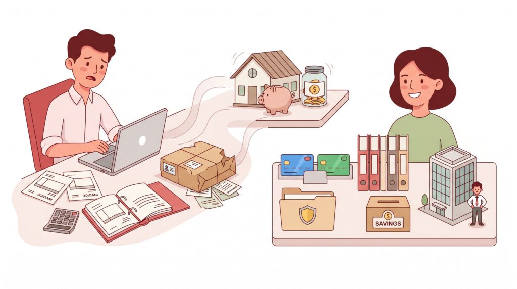 Illustration eines Einzelunternehmers mit geschäftlichen Risiken und Bezug zum Privatvermögen sowie Schutzmaßnahmen