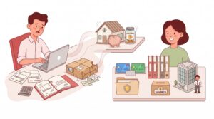 Illustration eines Einzelunternehmers mit geschäftlichen Risiken und Bezug zum Privatvermögen sowie Schutzmaßnahmen
