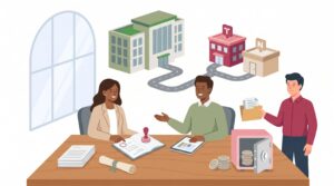 Illustration zur Gründung einer Tochtergesellschaft mit Gründerin, Berater, Banker, Muttergesellschaft, Tochtergesellschaft, Niederlassung, Vertragsunterlagen und Stammkapital