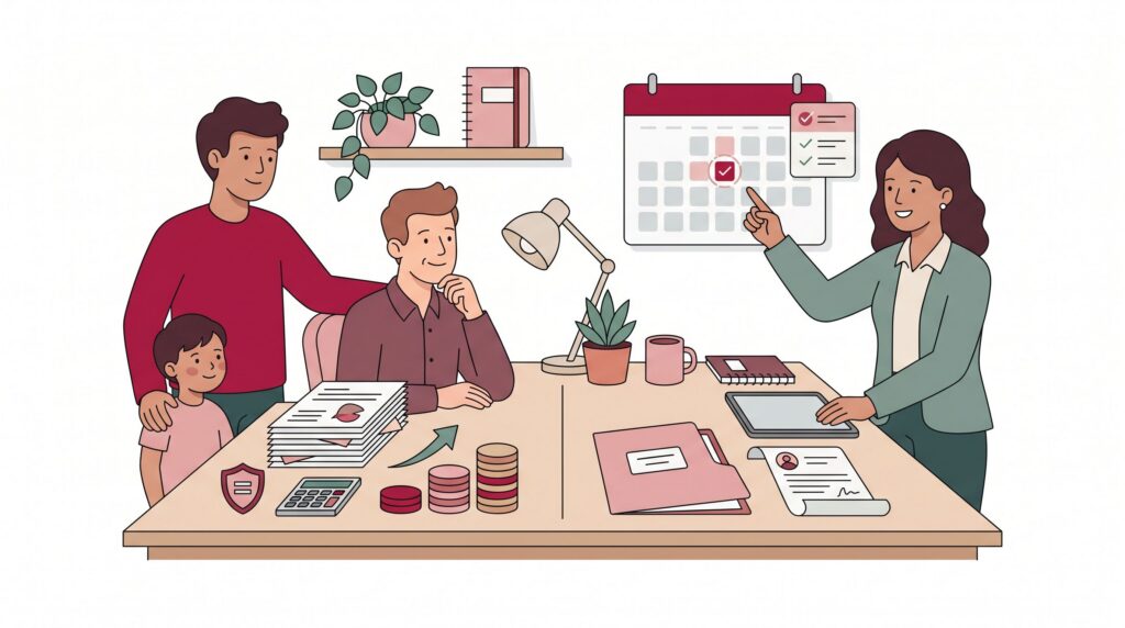 Illustration einer Beratungssituation zur freiwilligen gesetzlichen Krankenversicherung mit selbstständiger Person, Familie und Beraterin am Schreibtisch