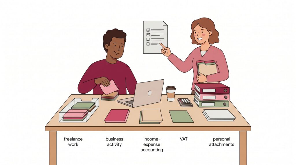 Illustration einer selbstständigen Person am Schreibtisch mit beratender Person beim Sortieren von Steuerformularen und Beiblättern