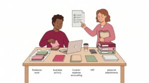 Illustration einer selbstständigen Person am Schreibtisch mit beratender Person beim Sortieren von Steuerformularen und Beiblättern