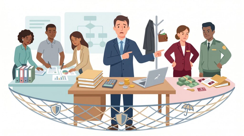 Illustration zur GmbH-Geschäftsführerhaftung mit Geschäftsführer zwischen interner Organisation, externem Druck, Privatvermögensrisiko und D&O-Sicherheitsnetz