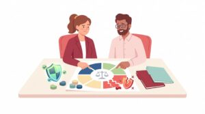 Illustration eines selbstständigen Unternehmers und eines Rechtsberaters, die an einem Schreibtisch eine Haftungsklausel prüfen