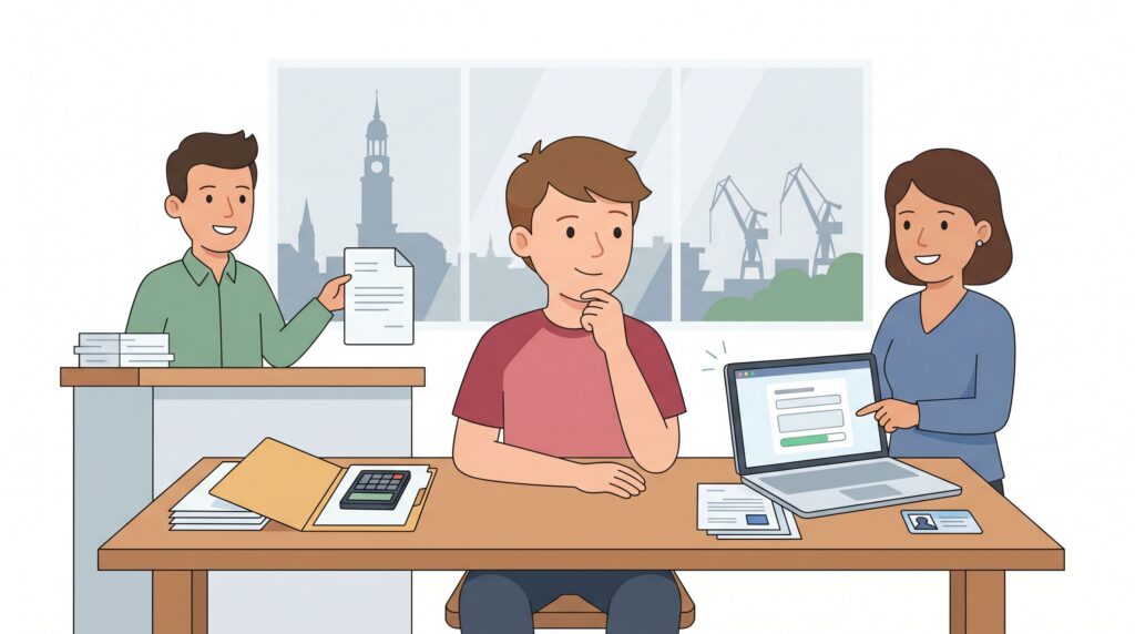 Illustration einer selbstständigen Person in Hamburg am Schreibtisch zwischen Gewerbeanmeldung beim Amt und steuerlicher Erfassung per Laptop mit Unterstützung durch zwei freundliche Berater