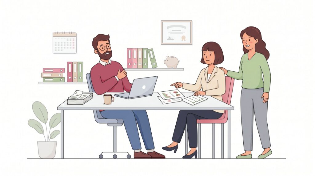 Illustration zur Berufsunfähigkeitsversicherung für Selbstständige mit selbstständigem Berufstätigen, Beraterin und Partnerin am Schreibtisch