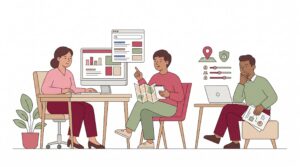 Illustration einer psychotherapeutischen Praxis mit lokaler Google-Ads-Planung, Desktop-Auswertung, Stadtplan und datensensibler Budgetabwägung