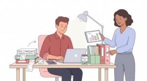 Illustration eines Einzelunternehmers am Schreibtisch mit Belegen, Laptop, Ordnern und beratender Person zur Ordnung steuerlicher Unterlagen