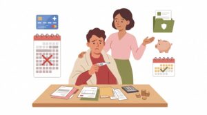 Illustration eines selbstständigen Menschen im Homeoffice mit Thermometer, Rechnungen, Kalendern, Taschenrechner und Münzen beim Vergleich von gesetzlicher und privater Absicherung im Krankheitsfall.