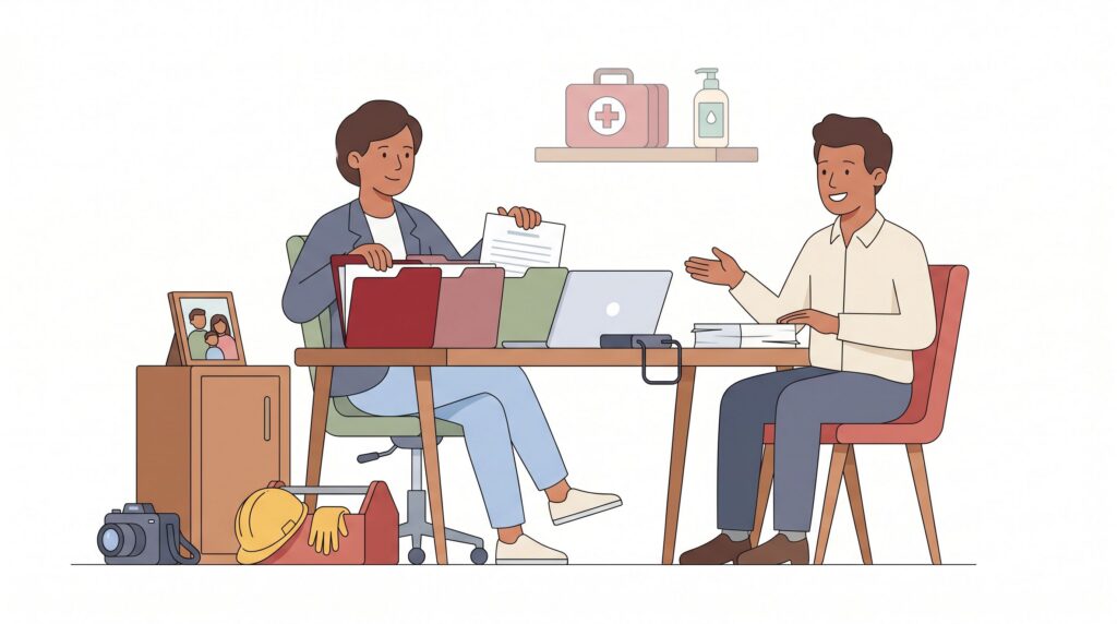 Illustration eines Selbstständigen mit Berater beim Sortieren von Versicherungsunterlagen im Büro
