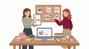 Freundliche semi-flache Illustration mit zwei Personen, die Social-Media-Inhalte für einen handmade Shop an einem Schreibtisch mit Laptop, Smartphone, Kamera, Geschenkboxen, Stoffen und Keramik planen.