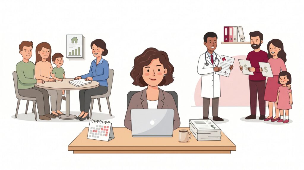 Illustration einer selbstständigen Person am Schreibtisch, die zwischen gesetzlicher und privater Krankenversicherung abwägt
