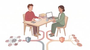 Selbstständige Person am Schreibtisch mit Beraterin, die zwischen gesetzlicher und privater Pflegeversicherung abwägt.