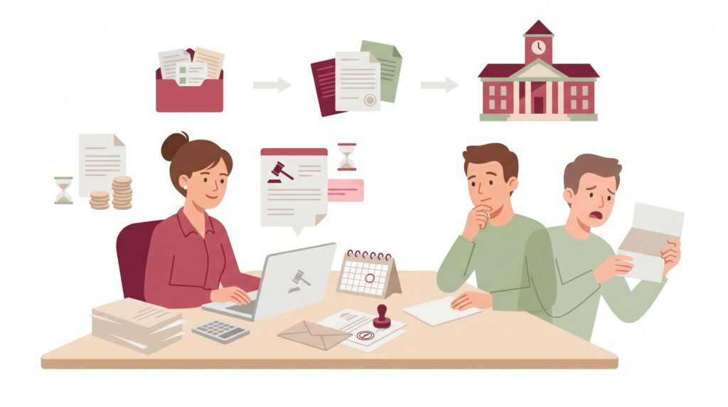 Illustration zum gerichtlichen Mahnverfahren mit selbstständiger Person am Schreibtisch, Unterlagen, Laptop und Kunde mit möglichem Widerspruch