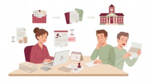 Illustration zum gerichtlichen Mahnverfahren mit selbstständiger Person am Schreibtisch, Unterlagen, Laptop und Kunde mit möglichem Widerspruch