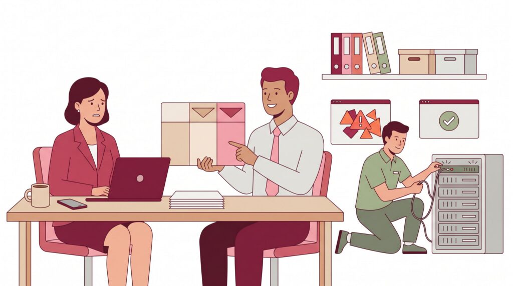 Illustration zur Cyberversicherung für Selbstständige mit Solo-Selbstständiger am Schreibtisch, Berater beim Tarifvergleich und Techniker bei der Datenwiederherstellung in einem Büro.