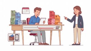 Illustration eines selbstständigen Unternehmers am Schreibtisch mit Rechnungen, Taschenrechner und Bankberaterin, die einen genehmigten Kreditrahmen erklärt.